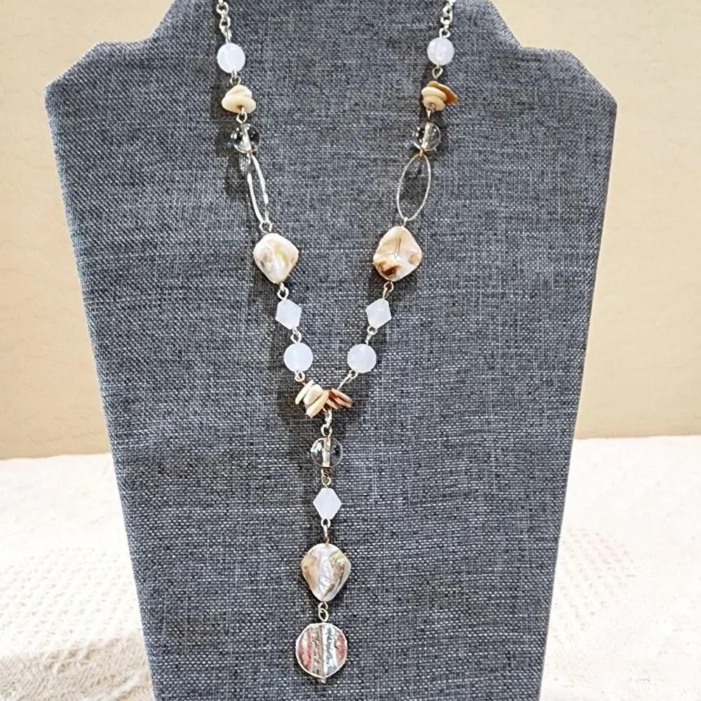 Abalone Shell Clear Glass Bead and White Bead Y Lariat Style Gold Necklace